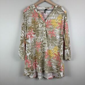 Cathy‎ Daniels Top Women 2X Plus Multi Tropical Roll-Tab Sleeve Tunic Comfort